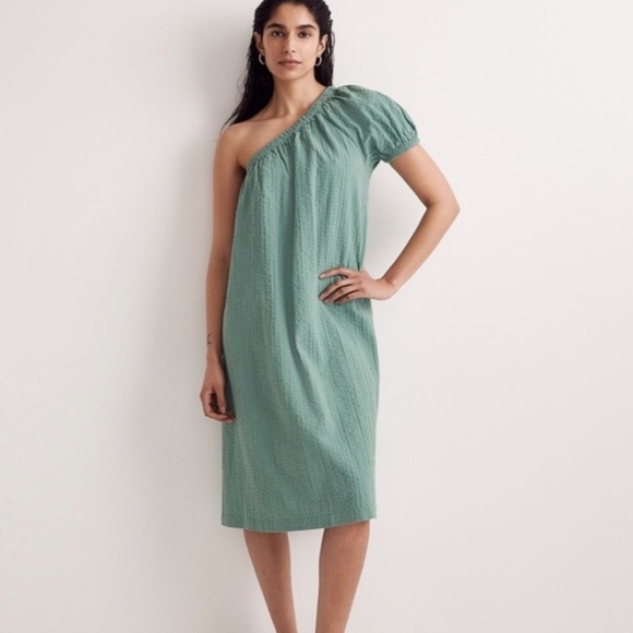 Madewell Seersucker One-Shoulder Puff-Sleeve Midi Dress - Trellis Green XXS - Picture 3 of 9